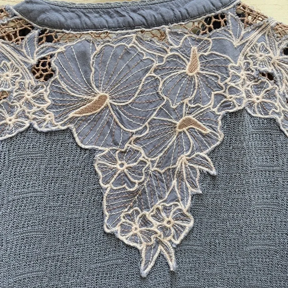 FREE PEOPLE EMBROIDERED HENLEY THERMAL‎ TOP IN BLUE